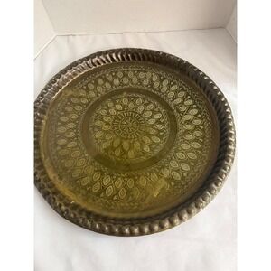 Vintage Etched Brass Wall Hanging Tray 16 Inch Round Scalloped Rim Mandala Decor